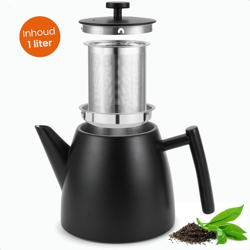 Goliving Edelstahl-Teekanne mit Filter – 1 Liter – Teekanne – doppelwandig – Edelstahl – Tee-Ei – matt – schwarz