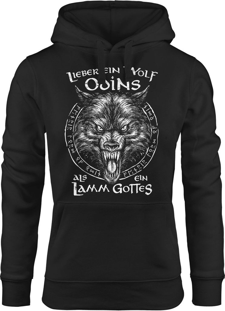 Hoodie Damen Spruch Lieber ein Wolf Odins als ein Lamm Gottes Wikinger nordische Mythologie Aufdruck Fashion Streetstyle Neverless schwarz XL