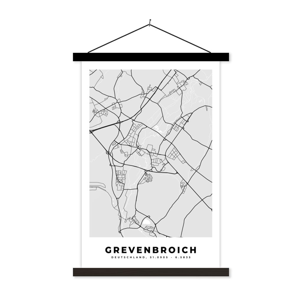 MuchoWow Textilposter Karte - Grevenbroich- Deutschland - Stadtplan 40x60 cm mit schwarzem Rahmen - Wanddekorationen