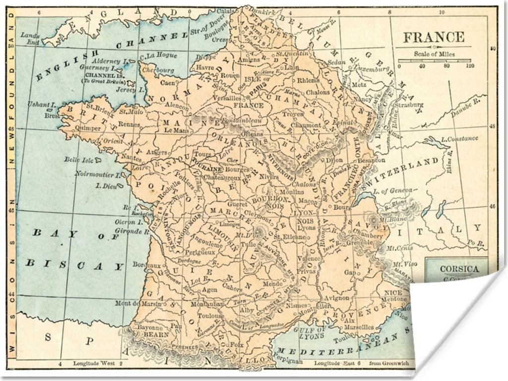 MuchoWow Poster Illustration einer antiken Karte des Landes Frankreich 120x90 cm - Wandbild