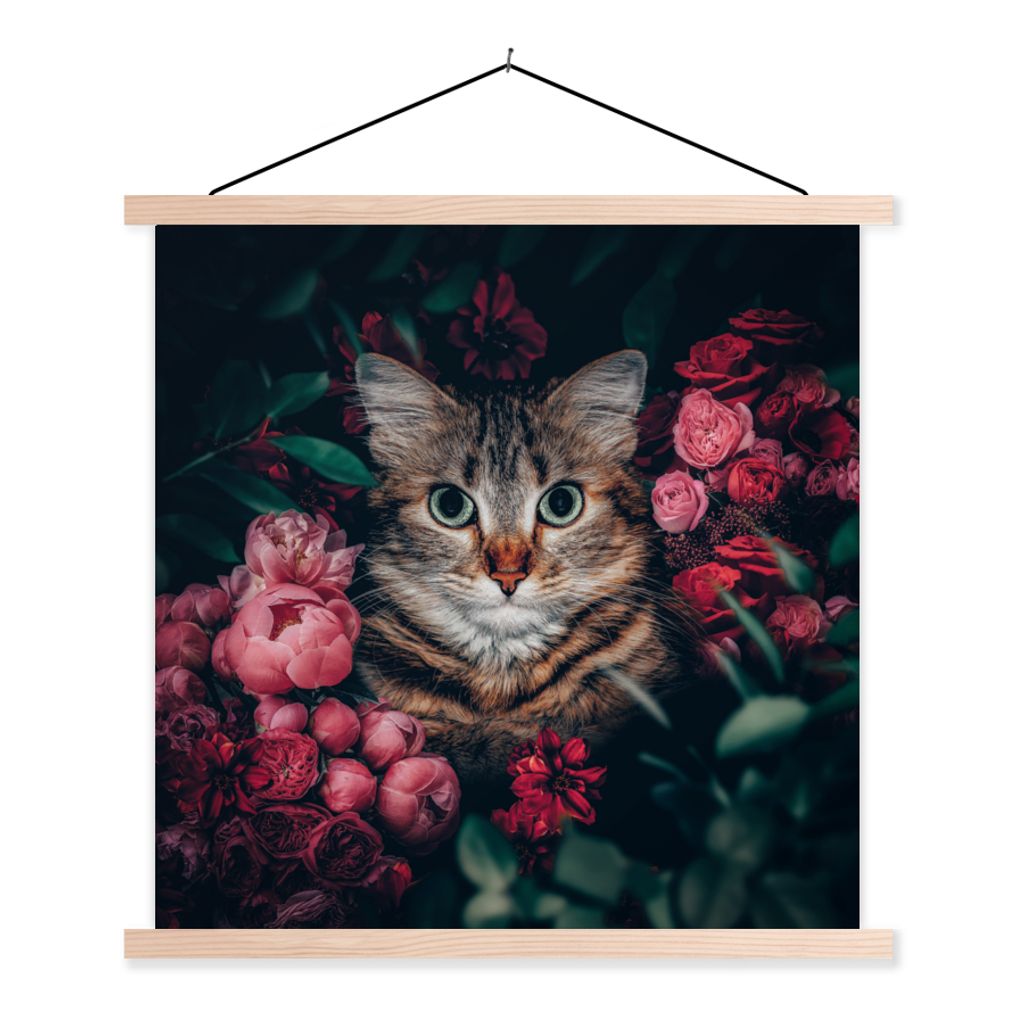 MuchoWow Textilposter Katze - Blumen - Tiere - Botanisch 60x60 cm mit holzfarbenen Rahmen - Wanddekoration