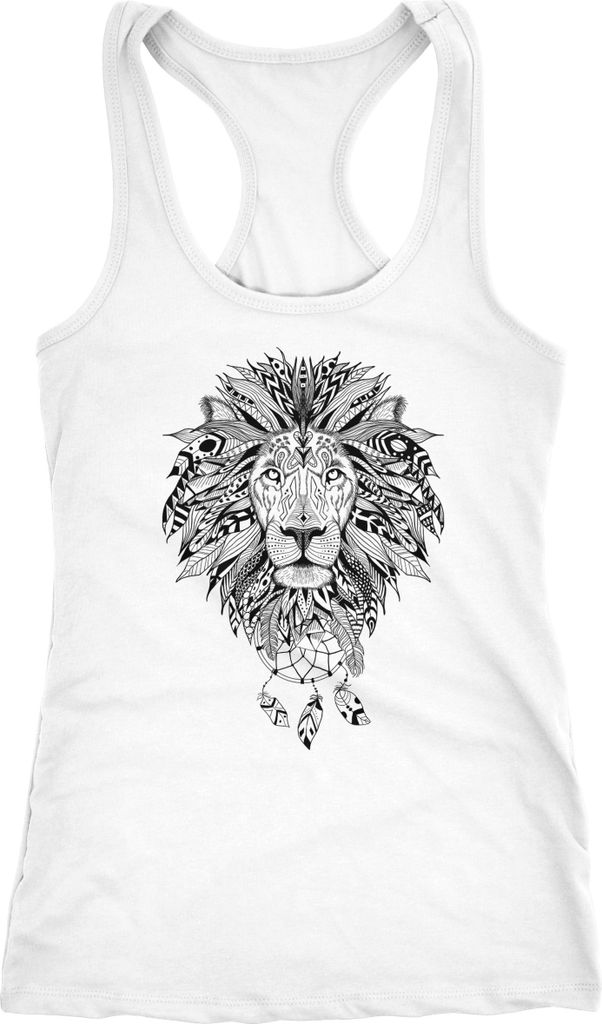 Damen Tank-Top Zentangle Löwe Lion Atzekenmuster Boho Bohamian Atzec Federn Traumfänger Neverless weiß XL