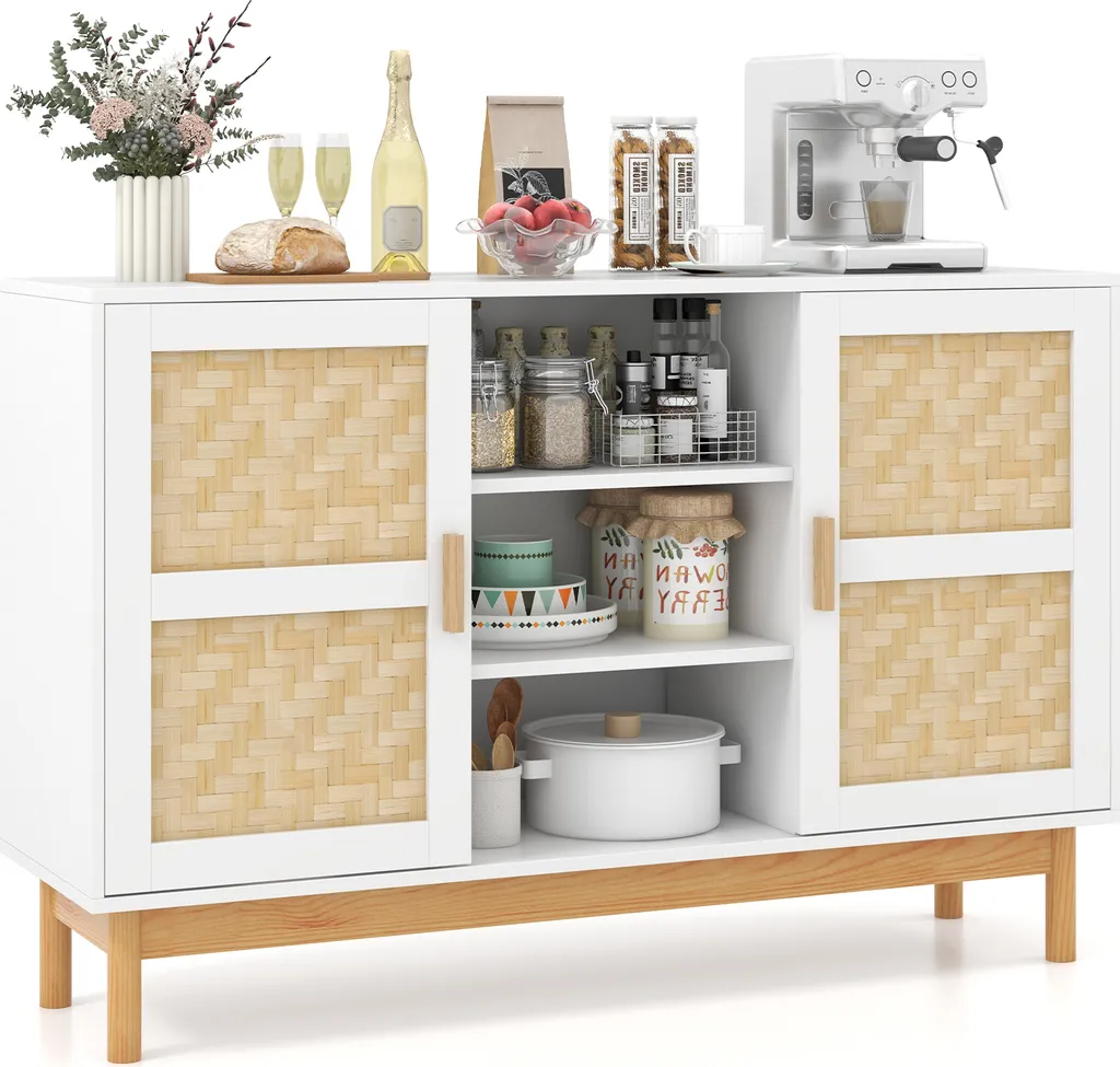 Mobile buffet COSTWAY lungo 120 cm, credenza con 2 ante in tessuto di bambù e 3 ripiani aperti, consolle d'accento con vano portaoggetti