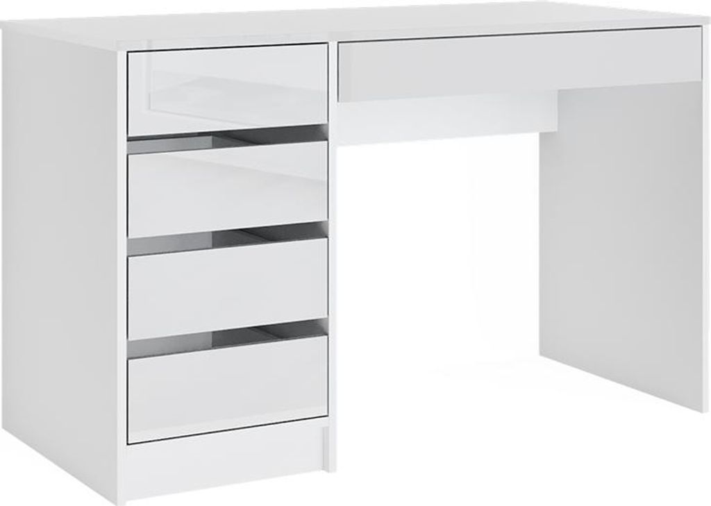 A white desk with drawers on a white background.