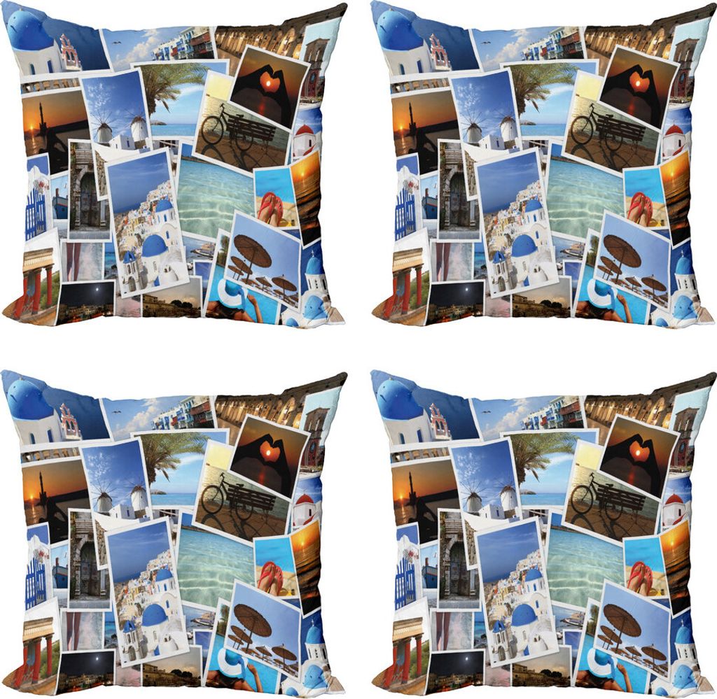 ABAKUHAUS Collage Kissenbezug Set (4 Stück), Summer Day Reiseerinnerungen, Moderner Doppelseitiger Digitaldruck, 60 cm x 60 cm, Mehrfarbig