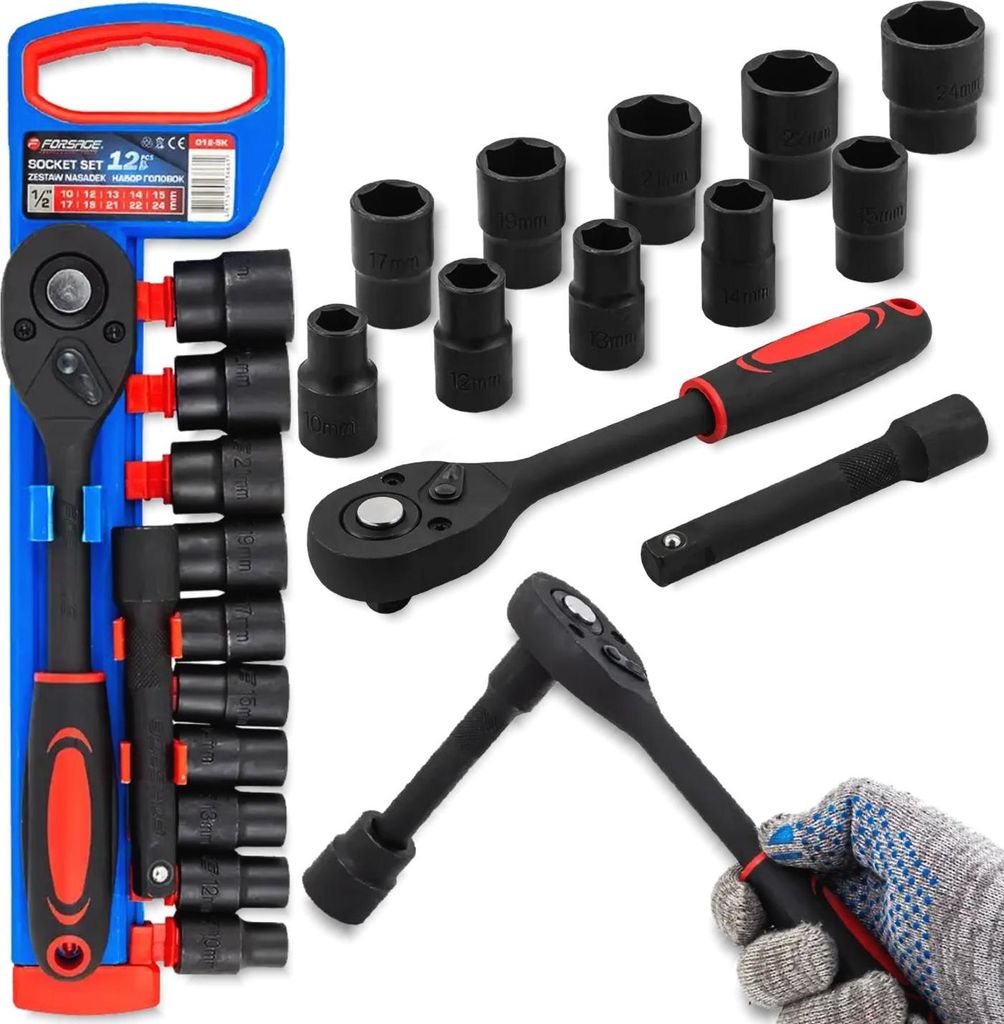 FORSAGE 1/2" Steckschlüsselsatz 12-teilig mit Ratsche und Verlängerung 10-24 mm