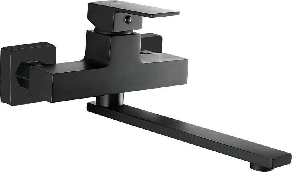 A black wall-mounted kitchen faucet with a movable spout.