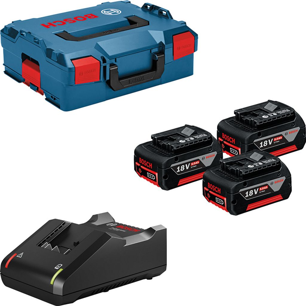 Bosch Professional System de 18V: 3 Batterien GBA 18V 5.0Ah, Schnellladegerät GAL 18V-40, Koffer L-BOXX