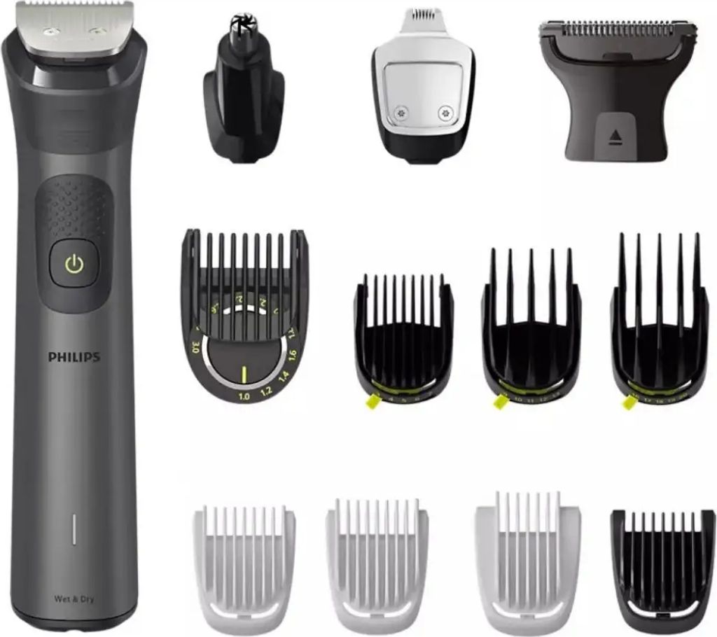 A collection of grooming tools and attachments, including a main trimmer, nose trimmer, and various comb attachments, laid out on a white background.