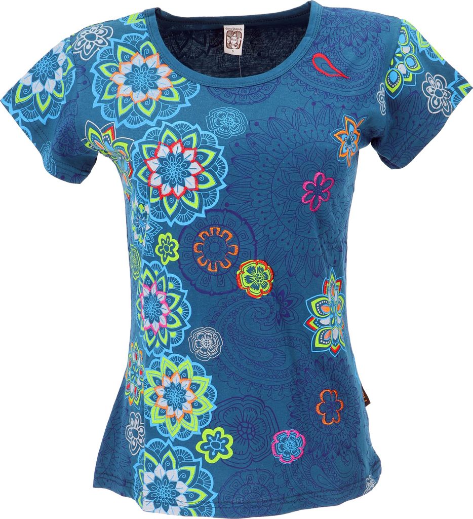 Boho T-Shirt mit Stickerei, Druck, Baumwoll T-Shirt mit Blüten - Blau, Damen, Baumwolle, Größe: L