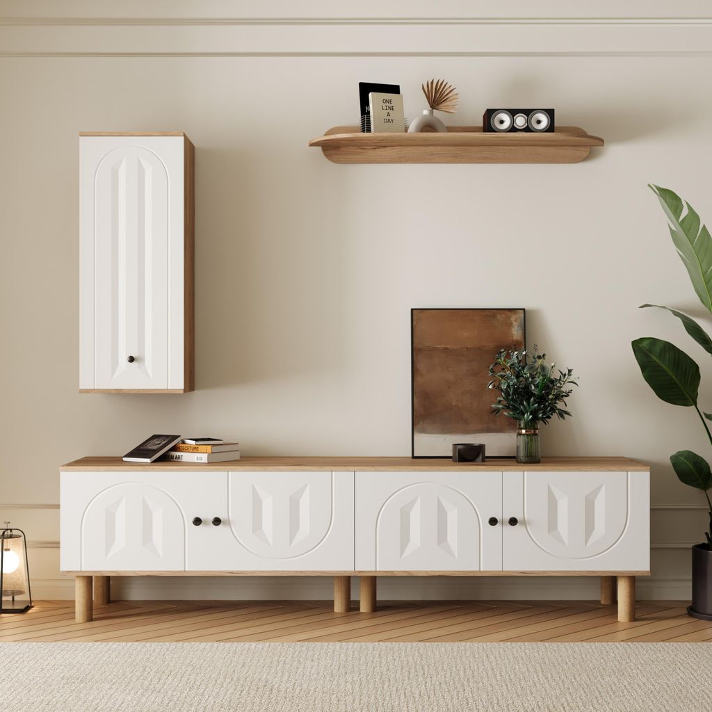 Merax Wandmöbel-Set, 3-tlg., TV-Schrank, Highboard und Wandboard, Wohnwand mit geschnitzte Türen, modernes Wohnzimmermöbel Weiß und Holz