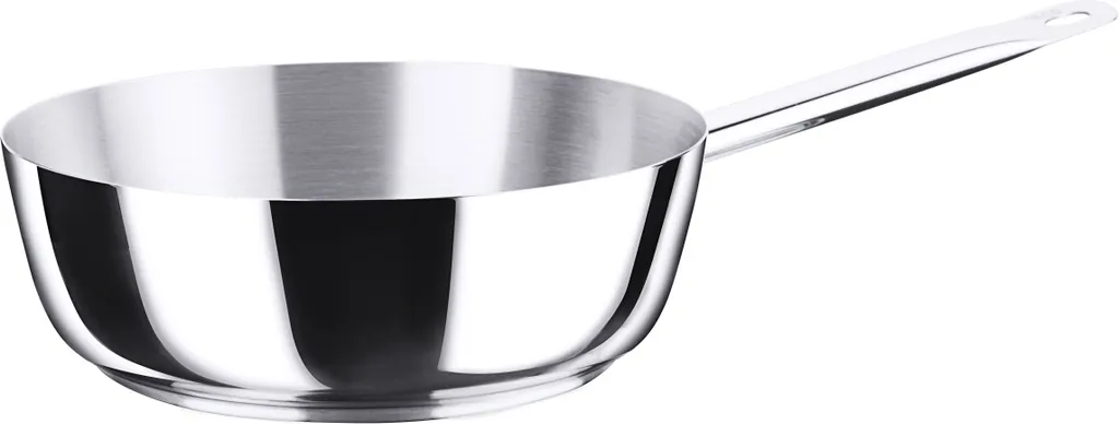 Padella per sauté in acciaio inossidabile 18/10, lucida, con manico tubolare, senza bordo versatore, base a sandwich da 8 mm, adatta all'induzione, qualità extra pesante.