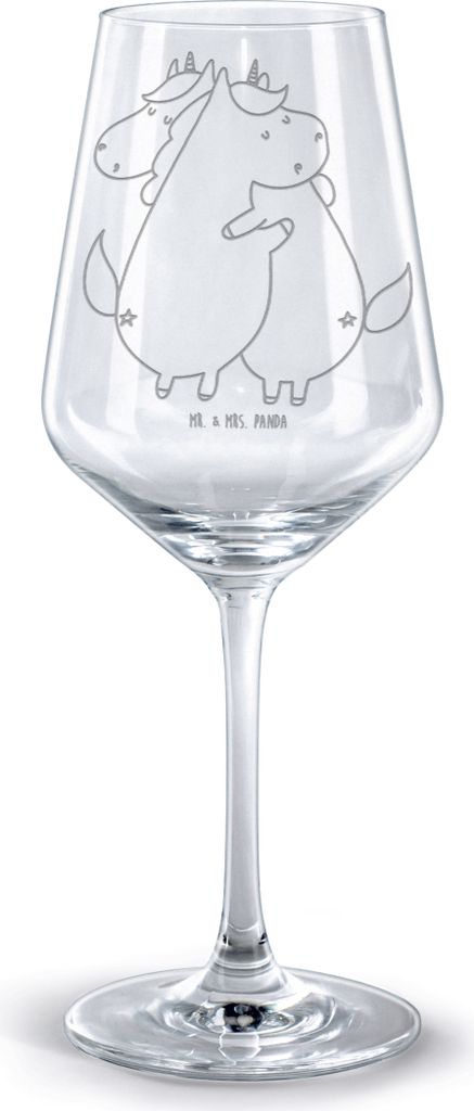 Mr. & Mrs. Panda Kelch Einhörner Umarmen - Transparent - Geschenk, graviertes Weinglas, Rotweinglas mit Gravur, Familie, Unicorn, graviert, Liebe,...