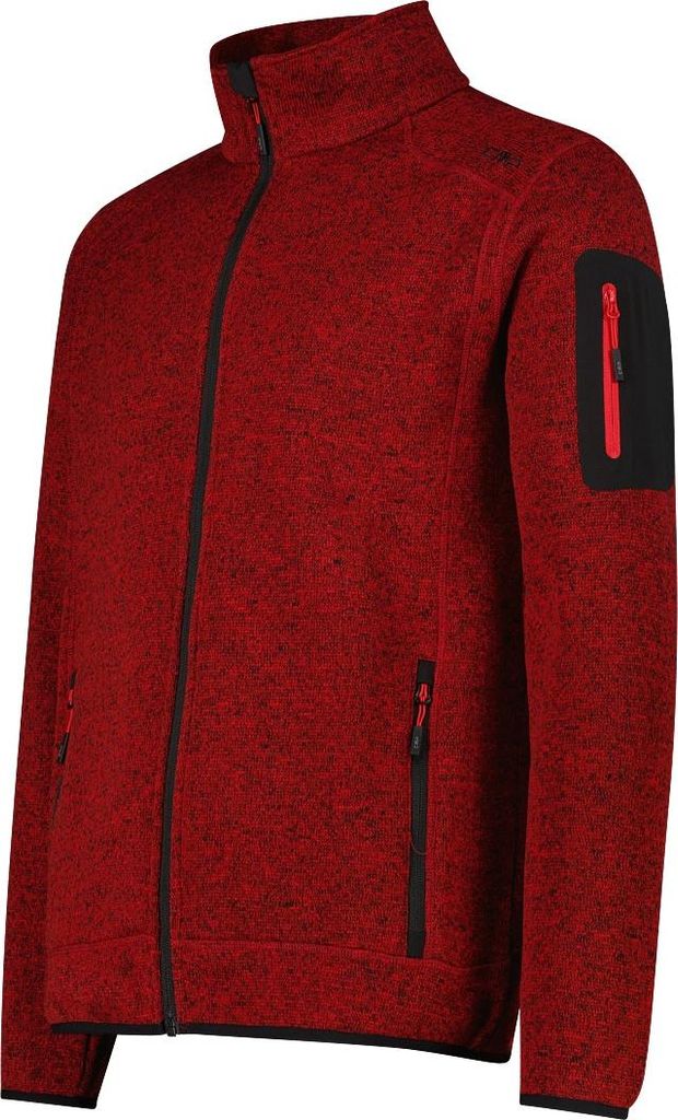 A red and black fleeced jacket shown from the side.
