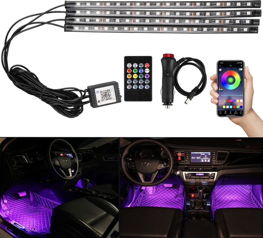 LED Streifen, LED Innenbeleuchtung Auto, Ambientebeleuchtung, Fußatmosphärenleuchten, Streifenlicht, Innenlichtleiste mit App + Fernbedienung