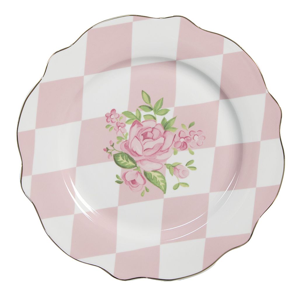 Clayre & Eef Frühstücksteller Ø 20 cm Rosa Weiß Porzellan Produktbild 