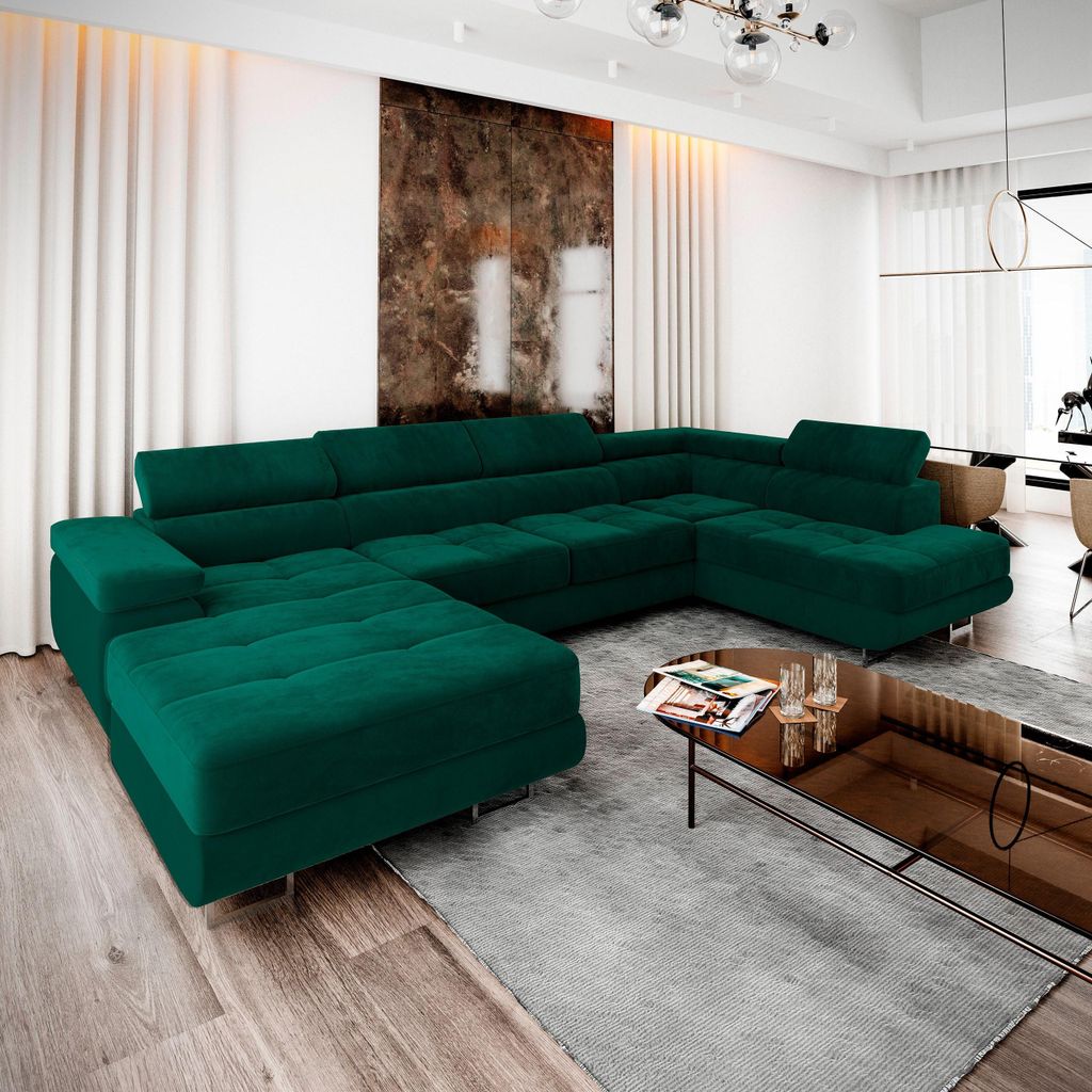 A luxurious green sectional sofa in a modern living room setting.
