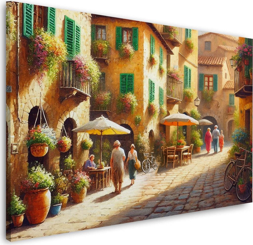 Italien Toskana malerische Gasse mit Blumen und Café Wandbild XL Wanddeko: 90x60x2cm