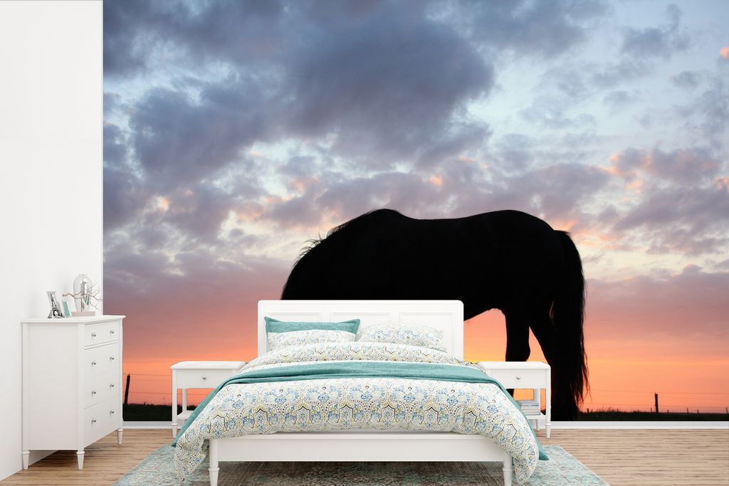 MuchoWow Fototapete für Wohnzimmer oder Schlafzimmer Wandtapete Vinyl Motivtapete Pferde - Sonne - Wiese - 330x220 cm - Fototapeten