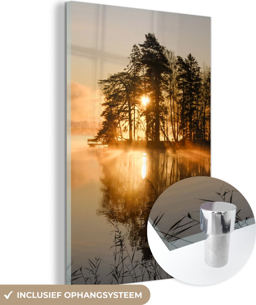 MuchoWow Glasbilder - Bilder auf Wandbild - Foto auf Glas Herbst - Sonne - Wasser 80x120 cm Wanddekoration aus Glas - Acrylglasbild - Acrylbilder -...