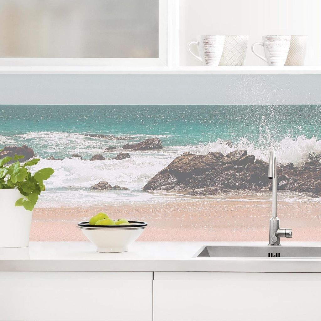 Küchenrückwand Strand selbstklebend - 0.65 mm Wandpaneel wasserfest Karibik türkis Maritim Spritzschutz fugenlos