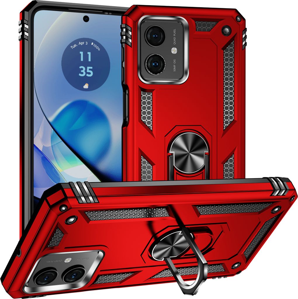 Schutzhülle für Motorola Moto G54 Dual Layer Robust Militäre Fallschutz Hülle mit Ringhalterung Ständer Rot