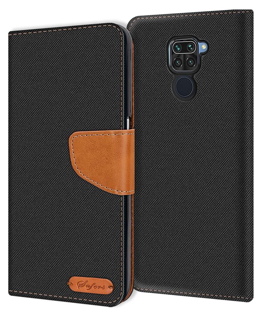 A black flip case for a Xiaomi Redmi Note 9 phone, with a brown leather accent and a small logo.