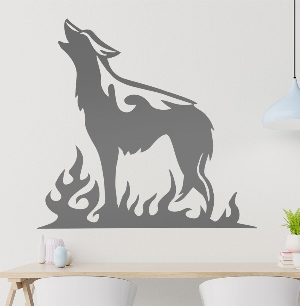 heulender Wolf Flammen Wandtattoo in 6 Größen - Wandaufkleber Wall Sticker - Dekoration, Küche, Wohnzimmer, Schlafzimmer, Badezimmer