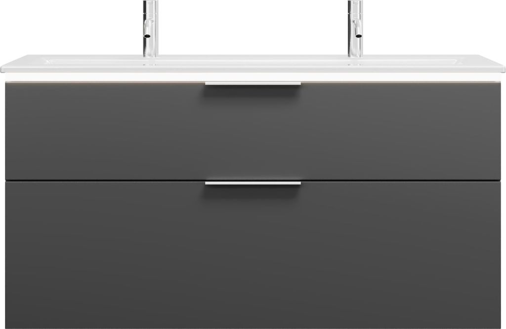burgbad Eqio Slim Keramik-Waschtisch mit 2 Armaturbohrungen, inklusive Waschtischunterschrank mit LED-Beleuchtung, 1220x490x640mm, SHBW122F6584C000...