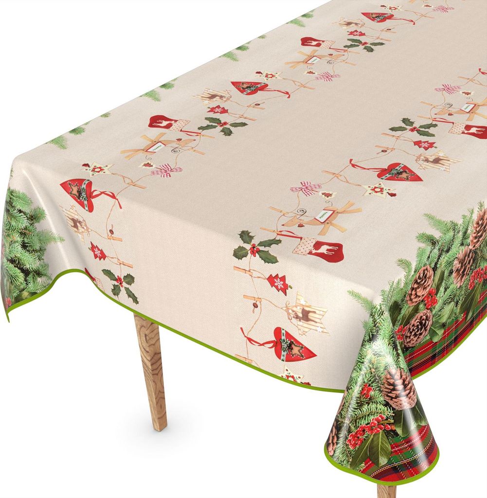 Tischdecke Wachstuchtischdecke Gartentischdecke Wachstischdecke Weihnacht Beige Wasserabweisend Breite 130 cm Länge 90 cm mit Paspelband