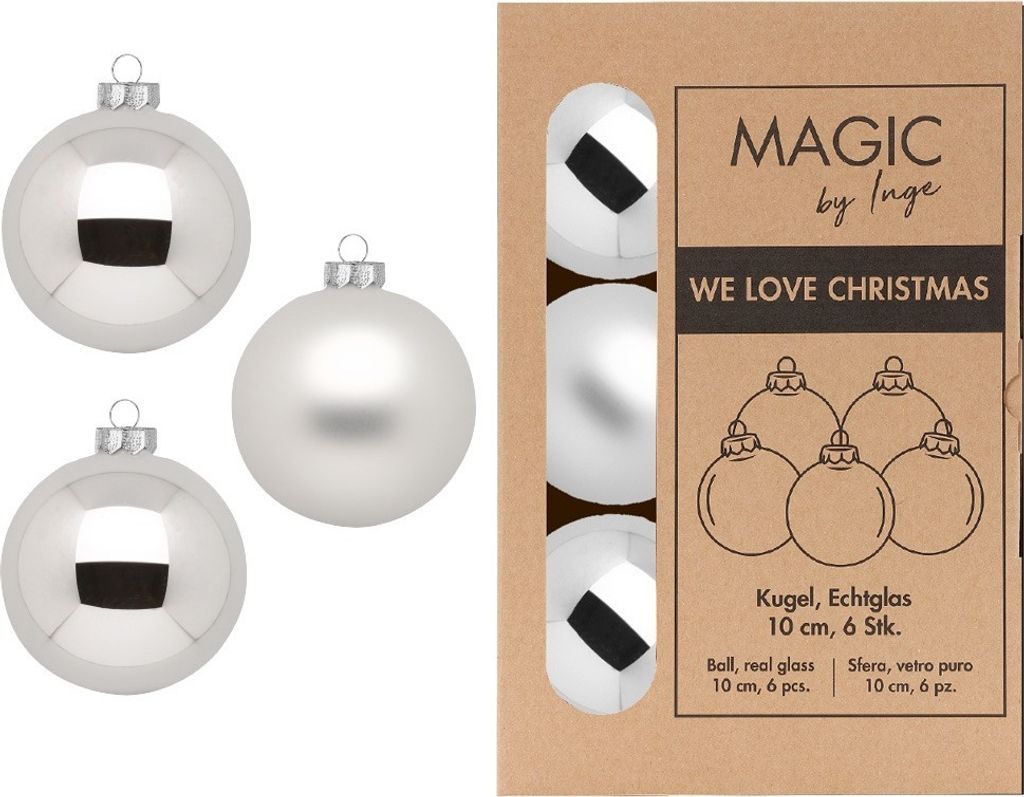 Inge Glas - Kugeln in Box / 6 Stück - Silber - 10 cm Produktbild 