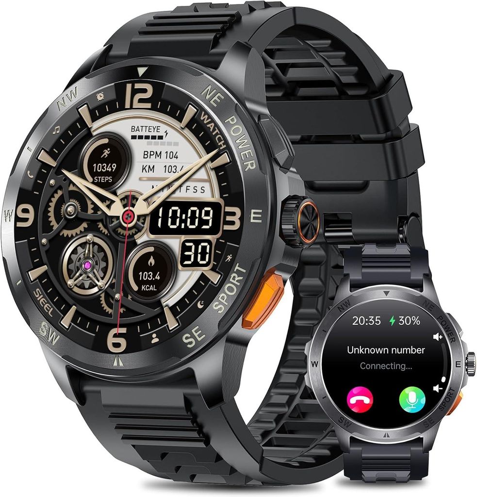 Herren Smartwatch 1.43 Zoll AMOLED Fitness Uhr mit Bluetooth Telefonfunktion 24/7 Herzfrequenz & SpO2 Monitor 100+ Sportmodi IP68 wasserdicht