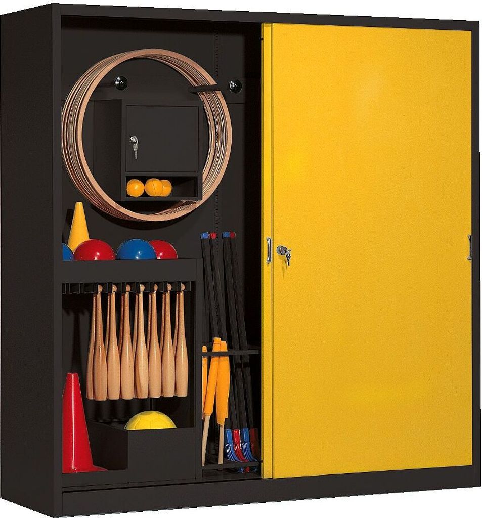 C+P Sportgeräteschrank mit Vollblech-Schiebetüren (Typ 5), HxBxT 195x190x60 cm, Verkehrsgelb (RAL 1023), Anthrazit (RAL 7021), Gleichschließung