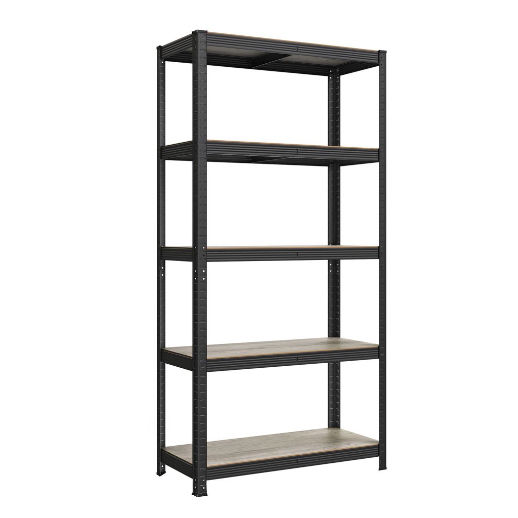 A black metal shelving unit with wooden shelves against a white background.