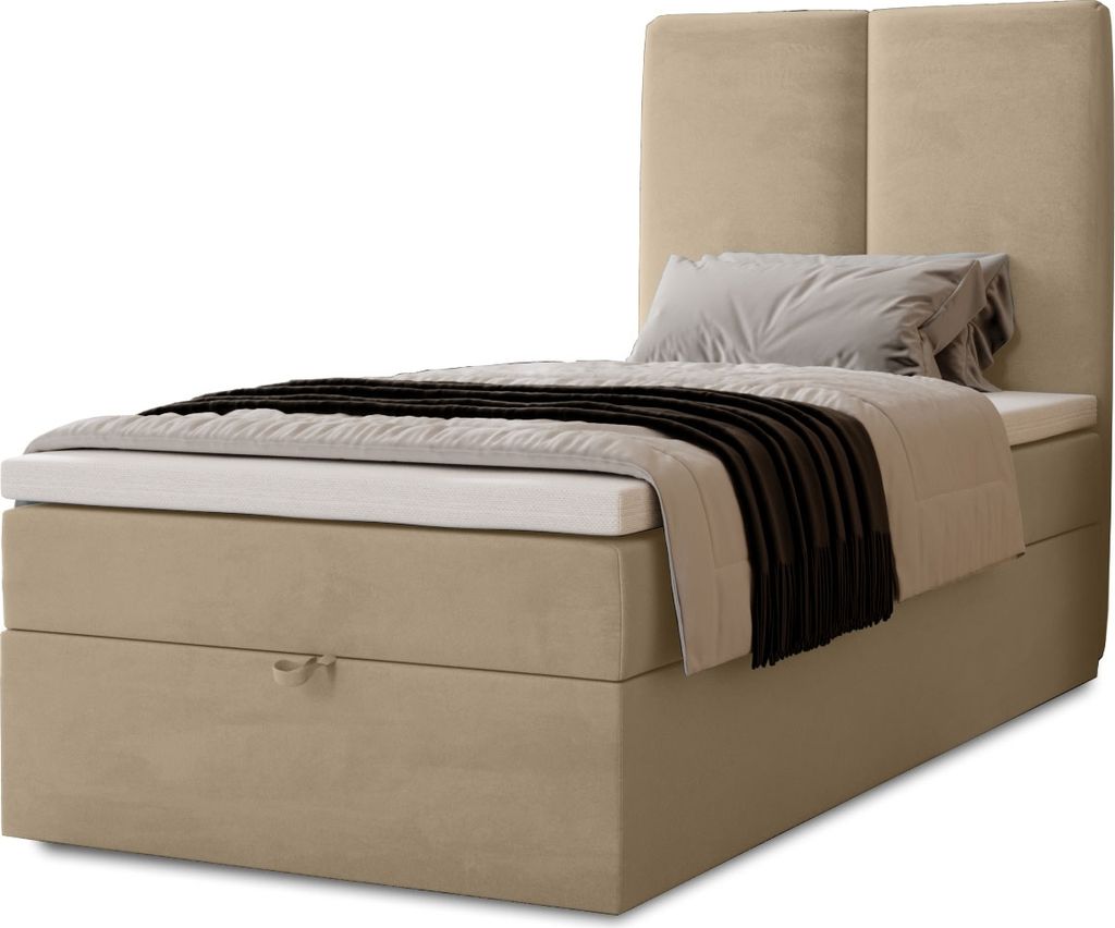 Boxspringbett Malmo mit Bettkasten, 90x200, Farbe: Creme, Velourstoff, Doppelbett mit Bonell-Matratze inkl. Topper