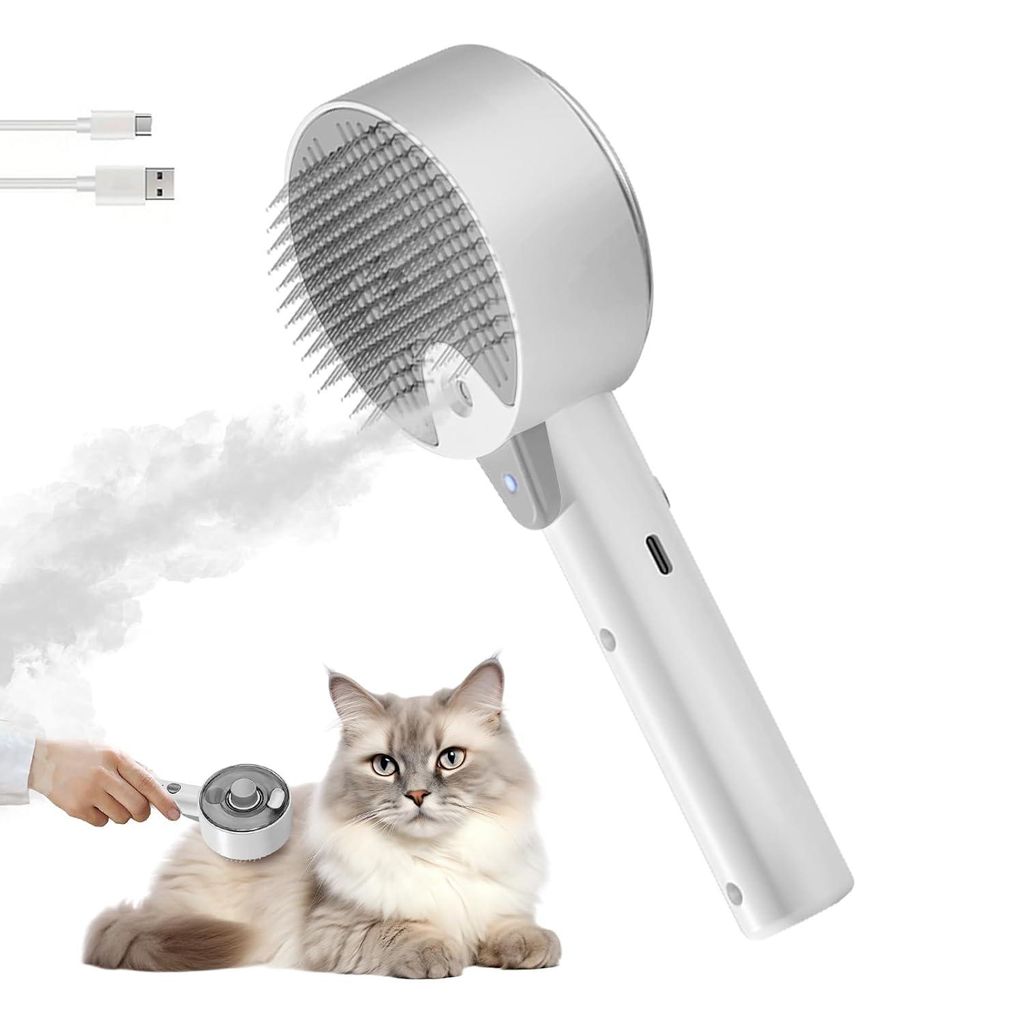 Katzenbürste mit Dampf,4 in 1 Dampfbürste Katze Katzenbürste mit Wasser,Sauberes Haustierhaar von der Bürste für Hunde und Katz (Weiß)