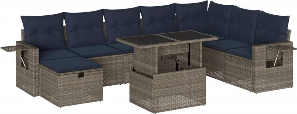 vidaXL 9-teiliges Gartensofa-Set mit Kissen, grau, Polyrattan
