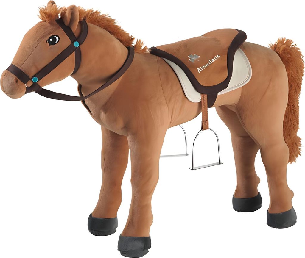 A plush toy horse standing on a white background.