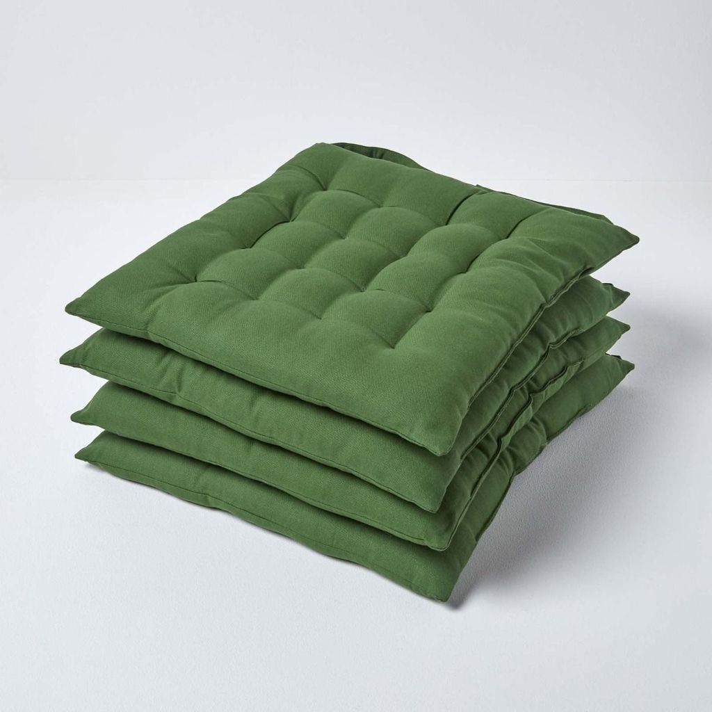HOMESCAPES 4er Set Stuhlkissen 40x40 cm olivgrün – Sitzkissen Outdoor/Indoor mit Baumwollbezug, Sitzpolster waschbar