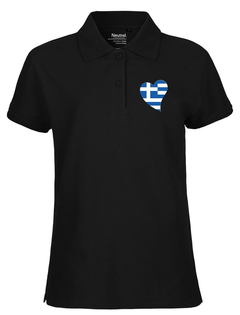 Huuraa Damen Polo Shirt Griechenland Flagge Herz XL Black Bio Baumwolle Fairtrade Poloshirt Geschenkidee