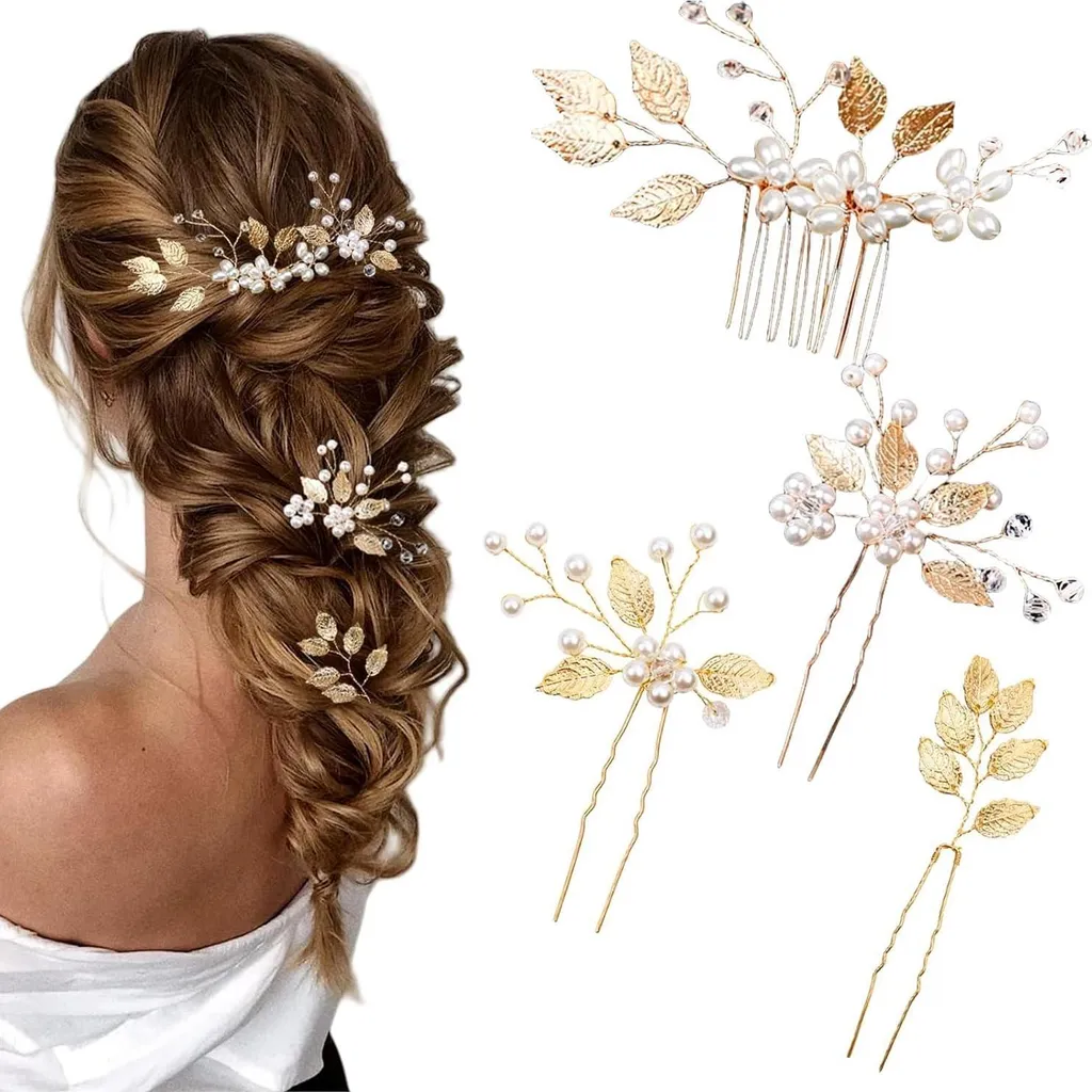 Accessoires Cheveux Mariage Style Rétro avec Perles et Cristaux Dorés 4x