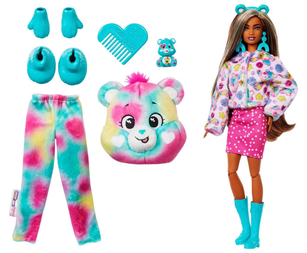 Barbie Cutie Reveal Puppe Plüschkostüm Glücksbärchen grün pink gelb
