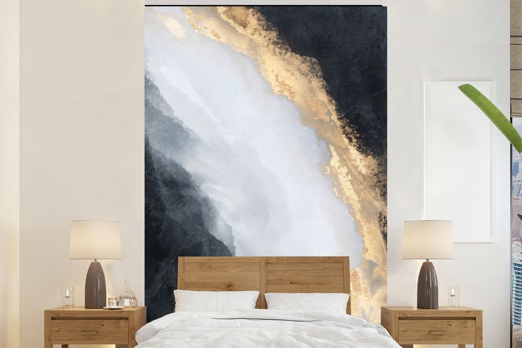 MuchoWow Fototapete für Wohnzimmer oder Schlafzimmer Wandtapete Vinyl Motivtapete Abstrakt - Farbe - Gold - Schwarz - Marmor - 160x240 cm - Viny...