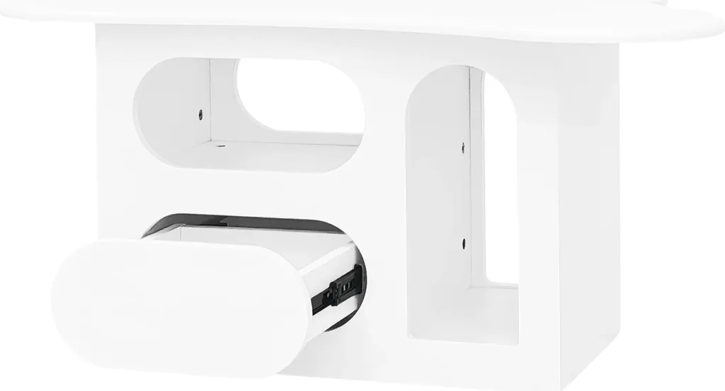 Table de salon design blanc avec niche de rangement et plateau rectangulaire