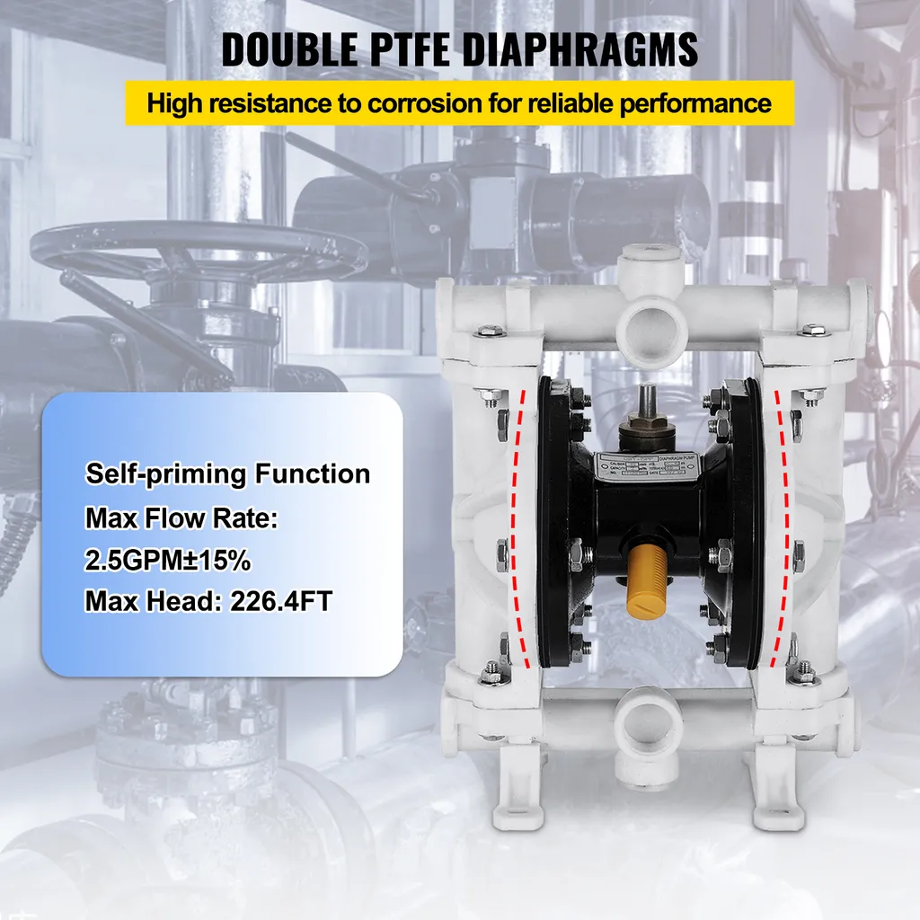 Pompa a doppia membrana ad aria compressa di SucceBuy, ingresso e uscita da 1/2 pollice, corpo in polipropilene, 2,5 GPM e max. 80 PSI, pompa di trasferimento pneumatica a membrana in PTFE per petrolio, diesel, olio e fluidi a bassa viscosità - 4