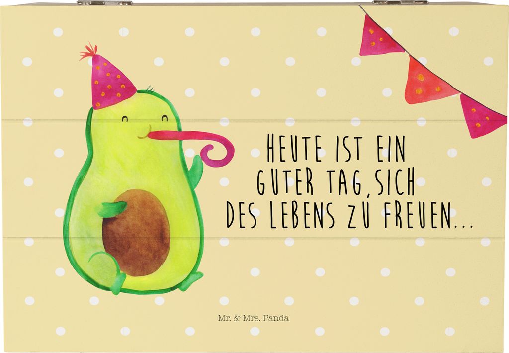 Mr. & Mrs. Panda Box Avocado Party 22 x 15 cm - Gelb Pastell - Geschenk, Avocados, fotobox, Happy Birthday, Schatzkiste, Holzkiste mit Deckel, Holz...