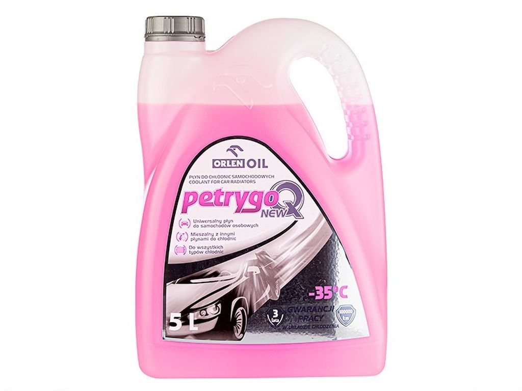 A pink liquid coolant in a large plastic container.