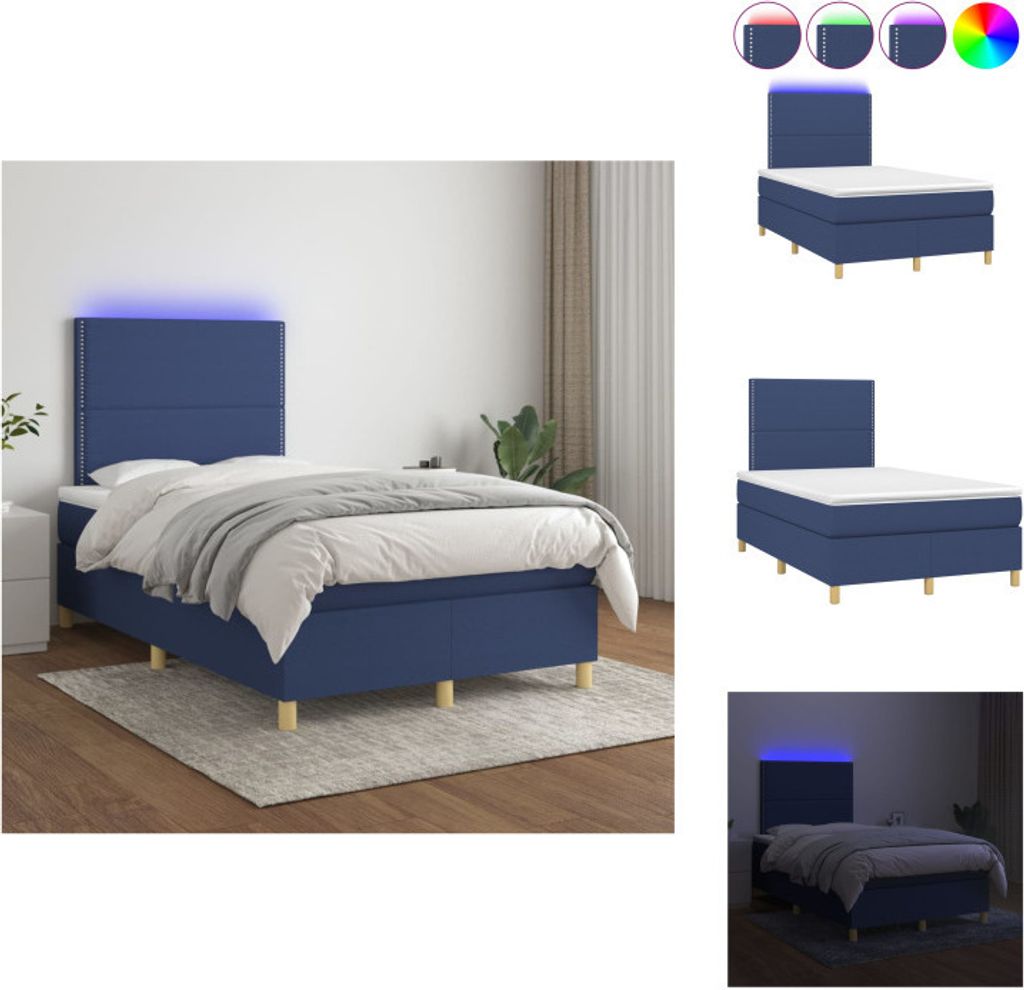 vidaXL Boxspringbett mit Matratze & LED Blau 120x200 cm Stoff - Betten & Bettgestelle