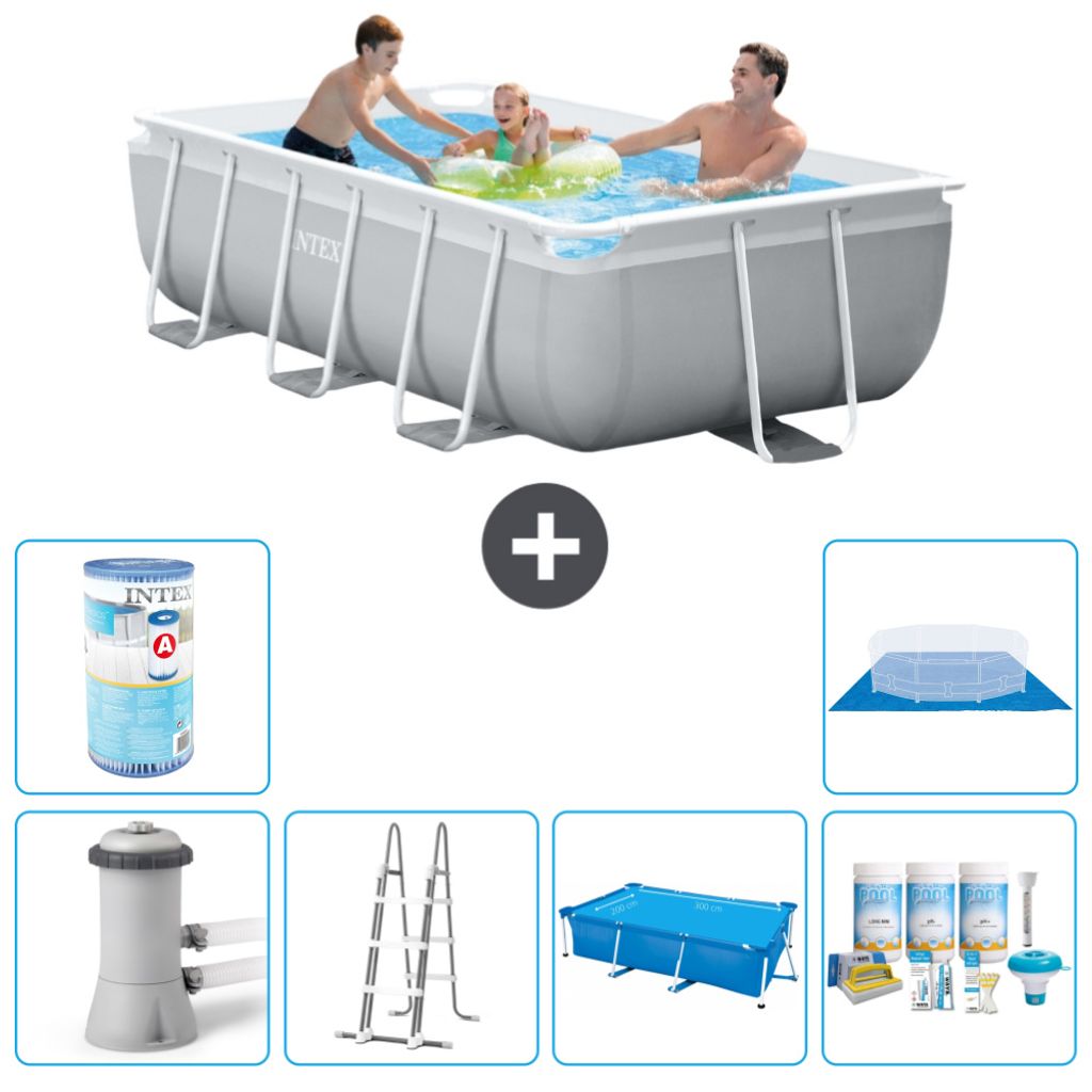 Intex Rechteckiges Prisma-Rahmen-Schwimmbecken – 300 x 175 x 80 cm – Grau – inklusive Pumpe – Leiter Sonnensegel - Wartungspaket - Filter -...