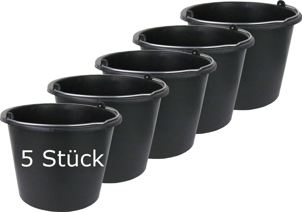 5 Stück Baueimer 12L Profi-Line | Mörtelkübel rund 12 Liter | aus robustem flexiblen Kunststoff | Ø 31cm Höhe 23cm | Germany